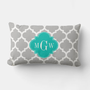 Grijs Wit Marokkaans #5 Teal 3 Initiaal Monogram Kussen