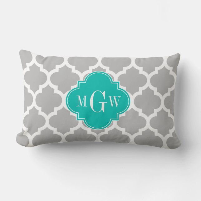 Grijs Wit Marokkaans #5 Teal 3 Initiaal Monogram Kussen (Voorkant)