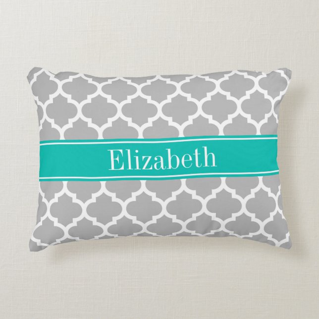 Grijs Wit Marokkaans #5 Turquoise Naam Monogram Decoratief Kussen (Voorkant)