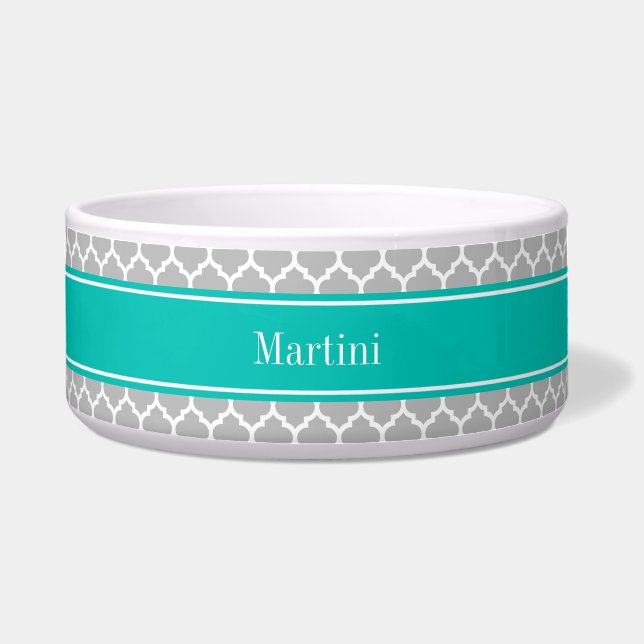 Grijs Wit Marokkaans #5 Turquoise Naam Monogram Voerbakje (Voorkant)
