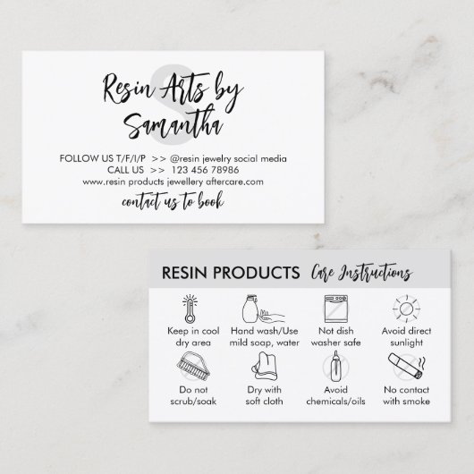 Grijs Wit Modern Hars Product Care Instructies Visitekaartje (Voorkant / Achterkant)