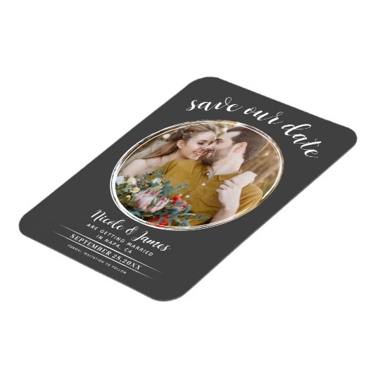 Grijs & Wit Moderne Ronde Foto sparen de Datum Magneet (Linkerzijde)