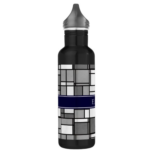 Grijs Wit Mondriaan Style Navy Ribbon Monogram Waterfles (Links)