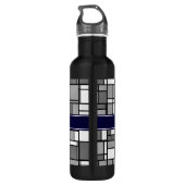 Grijs Wit Mondriaan Style Navy Ribbon Monogram Waterfles (Achterkant)