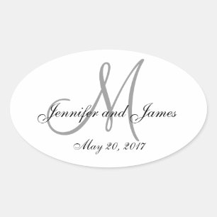 Grijs Wit Monogram Ovaal Bruiloft Label