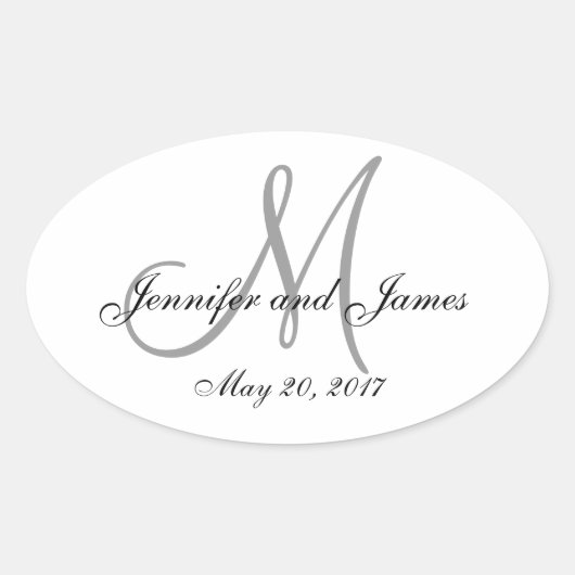 Grijs Wit Monogram Ovaal Bruiloft Label (Voorkant)