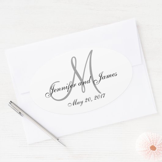 Grijs Wit Monogram Ovaal Bruiloft Label (Envelop)