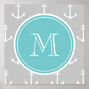 grijs wit patroon, Blauwgroen monogram Poster