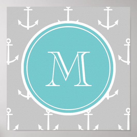 grijs wit patroon, Blauwgroen monogram Poster (Voorkant)