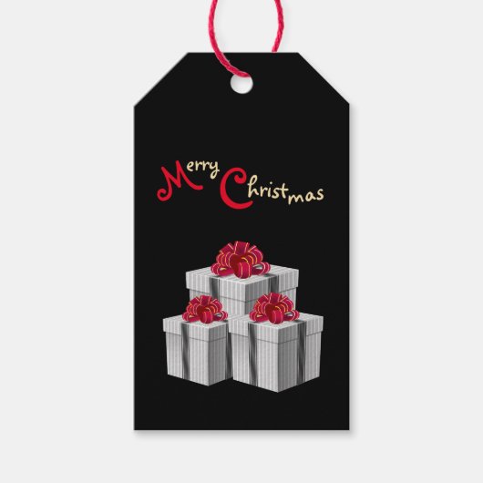 Grijs Wit Pinstripe Cadeaus Rood Bow op Zwart Cadeaulabel (Voorkant)