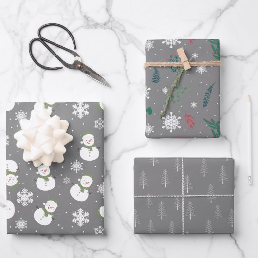 Grijs & Wit Schattige Winter Sneeuwvlokken Inpakpapier Vel (Voorkant)