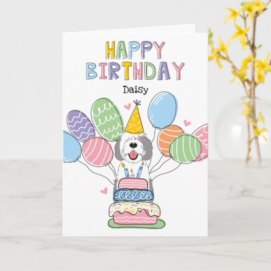 Grijs & Wit Sheepadoodle Hond Gelukkige Verjaardag Kaart (Gele Bloem)