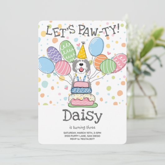 Grijs & Wit Sheepadoodle Hond Verjaardagsfeest Kaart (Staand voorkant)