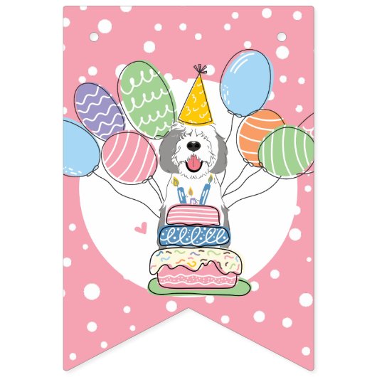 Grijs & Wit Sheepadoodle Hond Verjaardagsfeest Vlaggetjes (Eerste vlag)