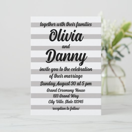 Grijs Wit Snoep Strepen Leuk Strand Bruiloft Kaart (Staand voorkant)