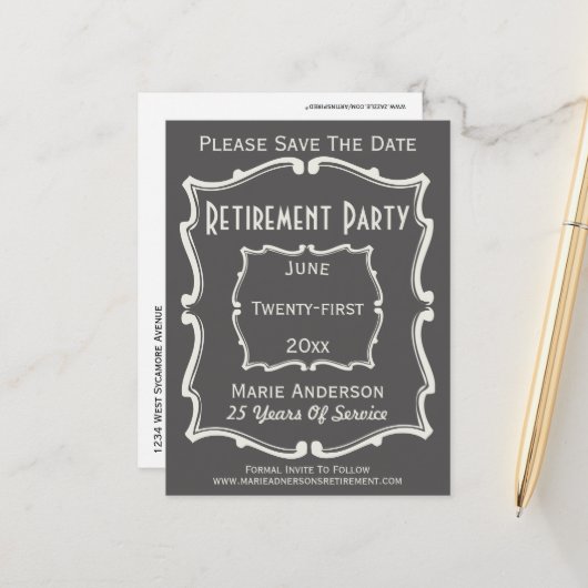 Grijs Wit sparen de Partij van de Pensionering va Aankondigingskaart (Voorkant / Achterkant in situ)