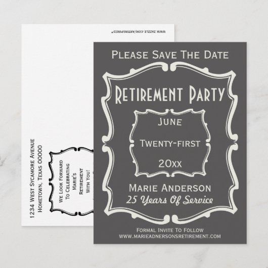  Grijs Wit sparen de Partij van de Pensionering va Aankondigingskaart (Voorkant / Achterkant)