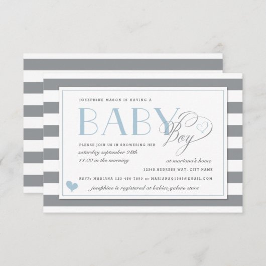 Grijs & Wit Streep Lichtblauwe Jongens Baby Shower Kaart (Voorkant / Achterkant)