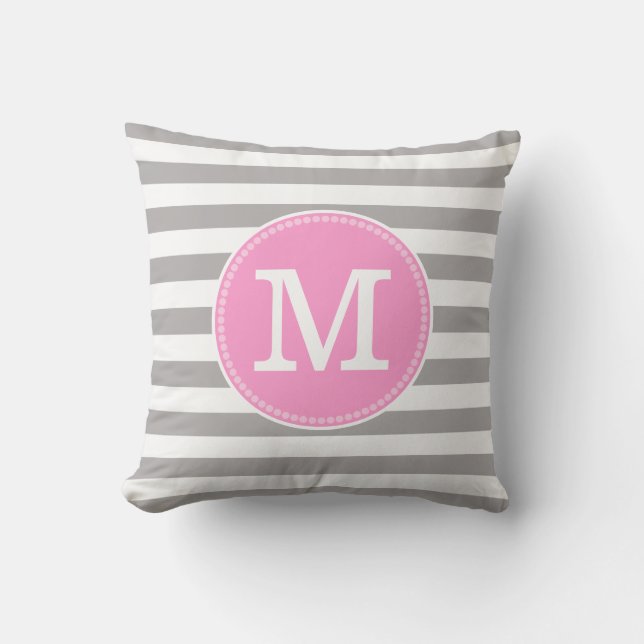 Grijs Wit Strepen Minimal Pastel Roze Monogram Kussen (Voorkant)