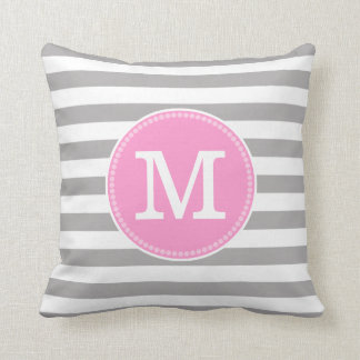 Grijs Wit Strepen Minimal Pastel Roze Monogram Kussen