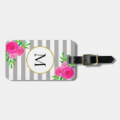Grijs Wit Strepen Roze Waterverf Bloemen Monogram Bagagelabel (Voorkant horizontaal)