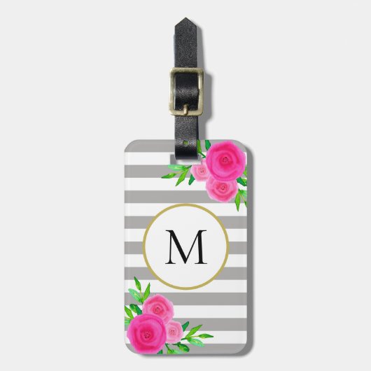 Grijs Wit Strepen Roze Waterverf Bloemen Monogram Bagagelabel (Voorkant verticaal)