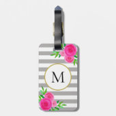 Grijs Wit Strepen Roze Waterverf Bloemen Monogram Bagagelabel (Achterkant verticaal)