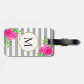 Grijs Wit Strepen Roze Waterverf Bloemen Monogram Bagagelabel (Achterkant horizontaal)
