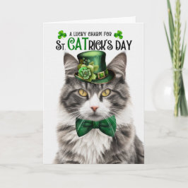 Grijs Wit Tabby Kat St CATrick's Day Lucky Charm Feestdagen Kaart