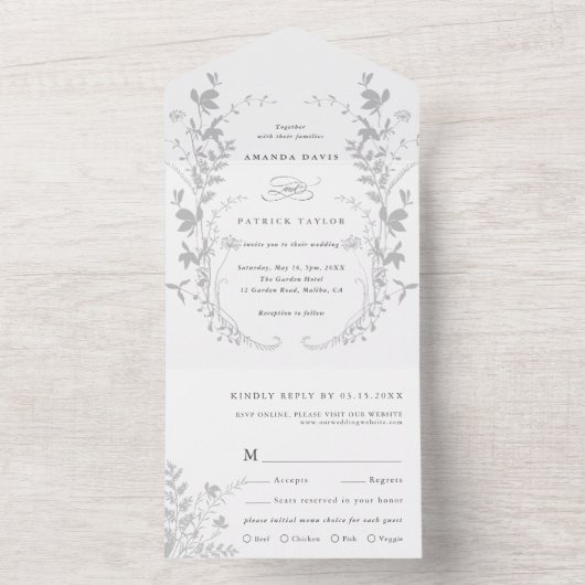 Grijs & Wit Wildflower Silhouet Krans Bruiloft All In One Uitnodiging (Binnen)