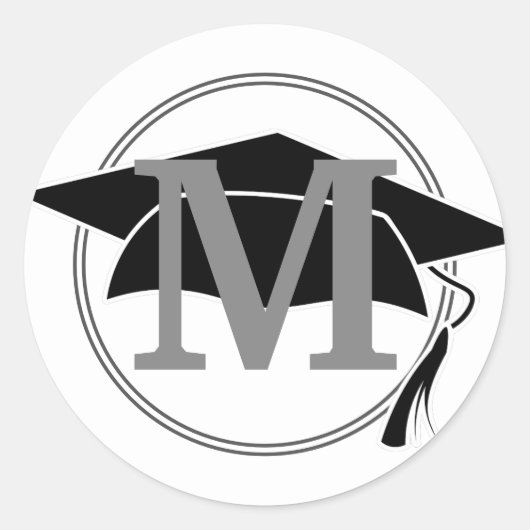 Grijs Wit Zwart Afstudeerhoed Monogram Initiaal Ronde Sticker (Voorkant)