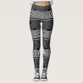 Grijs Wit Zwart Grieks Key Fret Patroon Design Leggings (Voorkant)