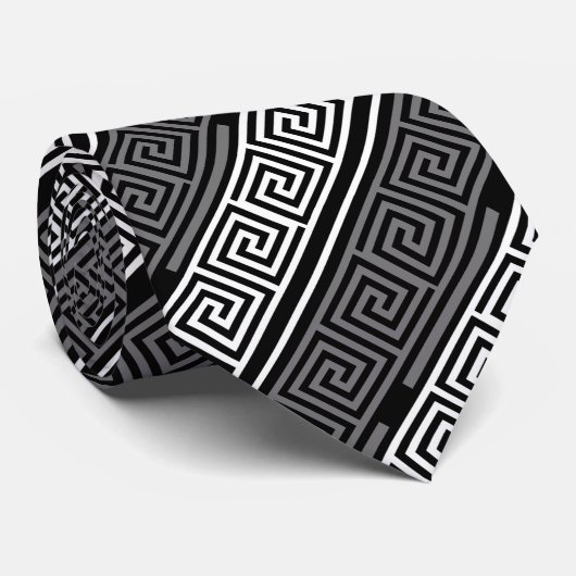 Grijs Wit Zwart Grieks Key Fret Patroon Design Stropdas (Opgerold)