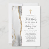 Grijs Witte Agaat Goud Glitter Eerste Heilige Comm Kaart (Voorkant)