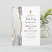 Grijs Witte Agaat Goud Glitter Eerste Heilige Comm Kaart (Staand voorkant)