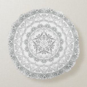 Grijs Witte Bloemendamask Mandala Rond Kussen