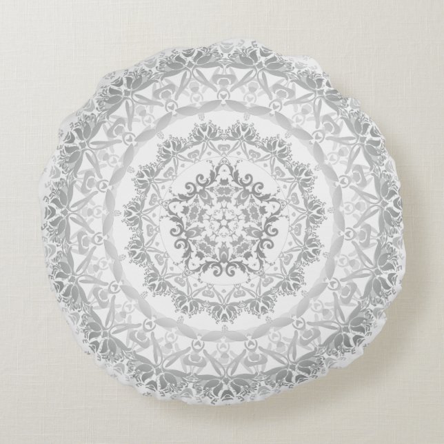 Grijs Witte Bloemendamask Mandala Rond Kussen (Achterkant)