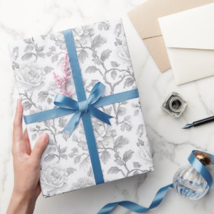 Grijs Witte Bloemige Bruiloft Cadeaupapier