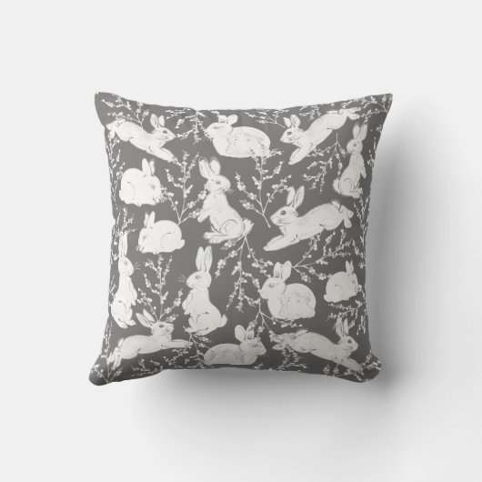 Grijs Witte Bunny Rabbit Berry Pattern Neutraal Kussen (Achterkant)