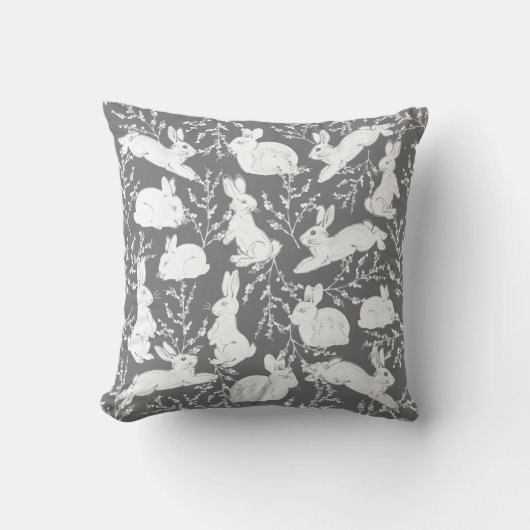 Grijs Witte Bunny Rabbit Berry Pattern Neutraal Kussen (Voorkant)