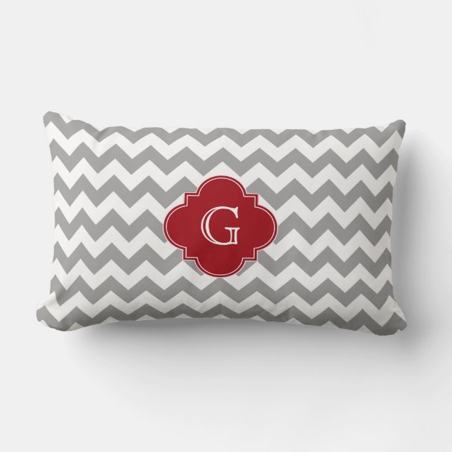 Grijs Witte Chevron Cranberry Rood Quatrefoil Mono Kussen (Voorkant)