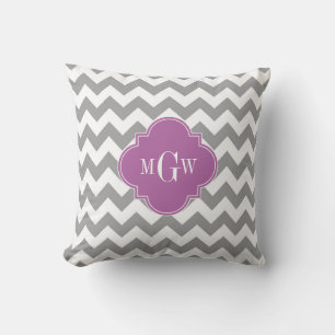 Grijs Witte Chevron Orchidee Quatrefoil 3 Monogram Kussen
