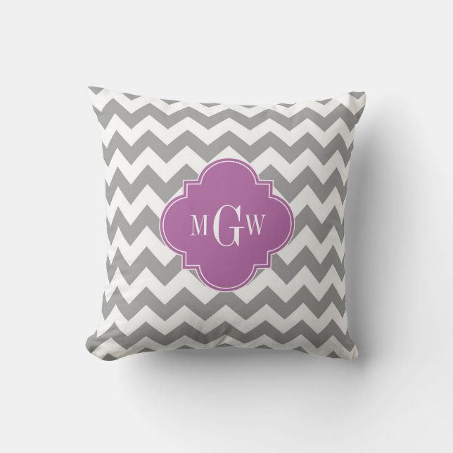 Grijs Witte Chevron Orchidee Quatrefoil 3 Monogram Kussen (Voorkant)