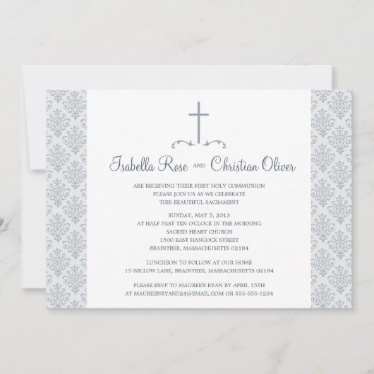 Grijs-witte Damask Eerste Communie Kaart (Voorkant)