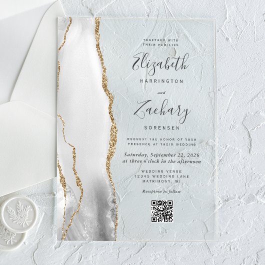 Grijs Witte Goud Agaat QR Code Huwelijk Acryl Uitnodigingen