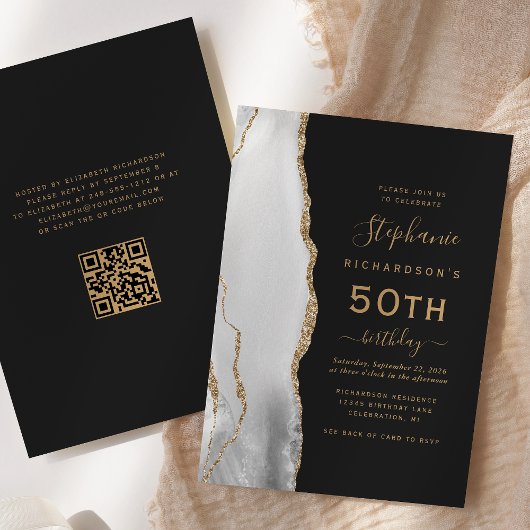 Grijs Witte Goud Agate QR-code 50ste verjaardag Kaart
