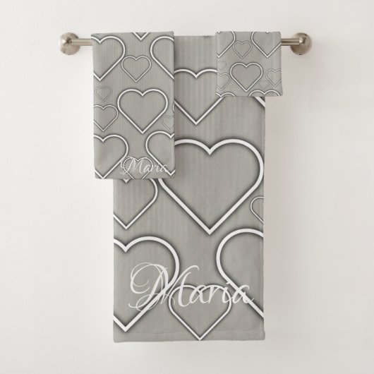 Grijs & Witte Hartjes Badkamer Handdoek Sets (Insitu)