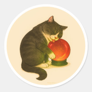 Grijs-witte kat met rode kristallen bol ronde sticker