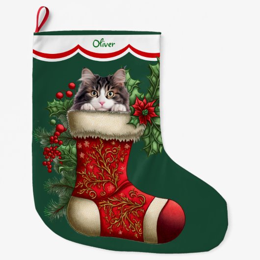 Grijs Witte Kat Peeking Grote Kerstsok (Voorkant)