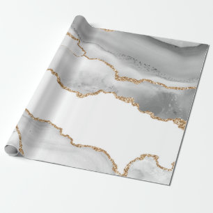 Grijs Witte Marmer Agate Verfijnde Gouden Glitter Cadeaupapier